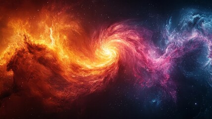 Naklejka premium Vibrant Cosmic Swirl: A stunning blend of fiery orange and deep blue nebulae, capturing the dynamic beauty of the universe in a mesmerizing celestial dance.