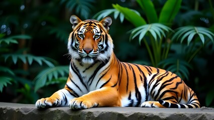 Fototapeta premium A majestic tiger with striking orange and black stripes is lying down, looking directly at the viewer, with lush green foliage blurred in the background.
