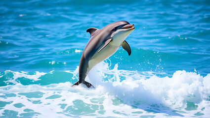 Playful Dolphin &ndash; A bottlenose dolphin leaping from turquoise ocean waves, water droplets frozen in mid-air, bright sunlight enhancing the vibrant scene, dynamic action shot, ultra-high-definition mar