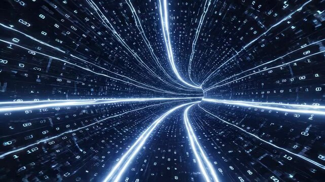 Abstract digital tunnel with glowing binary code