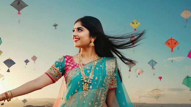 Young indian woman wearing a blue and pink sari, gold jewelry and bracelets, smiling and celebrating a kite festival, flying kites in the sky at sunset
