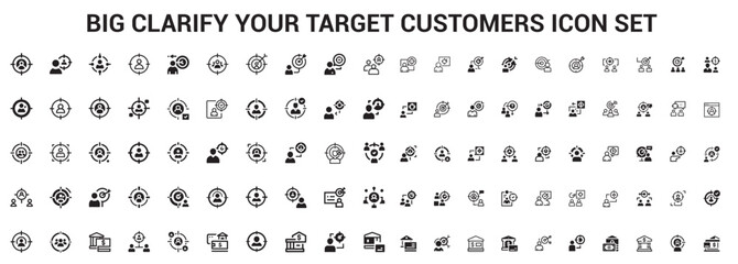 Big Clarify your target customers Icon Set. Business name Idea Icon Set. Business Analysis Editable Stroke Line Icons. Symbol. innovation, strategy, values, loyal customers, identity, brand value,.svg