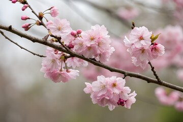 Delicate pink cherry blossoms on branch