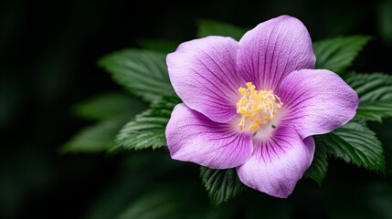 Delicate Pink Flower Blooming Amidst Lush Green Leaves In Soft Natural Light