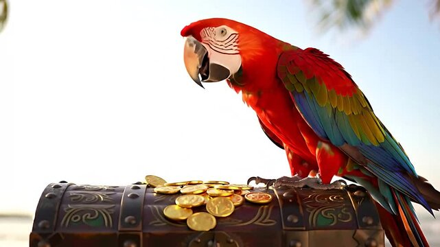 A Vivid Parrot Reveals Secrets: A brilliantly plumed macaw, adorned in vibrant feathers, sits atop a pirates treasure chest, squawking cryptic clues and riddles about buried gold.