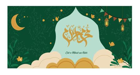 Festive Eid-e-Milad-un-Nabi Illustration with Calligraphy, Moon, and Lanterns-04