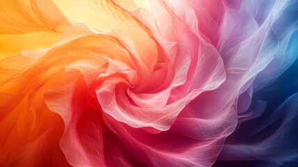 Vibrant swirling fabric in a gradient of warm and cool colors, creating a dynamic and artistic backdrop for creative projects.