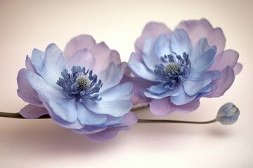Two pastel blue and purple blossoms with a bud on a stem against a pale background