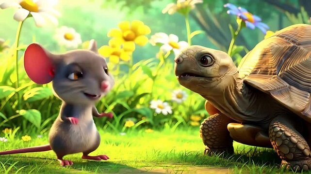 Inquisitive Field Mouse Seeks Cosmic Wisdom: A tiny, animated meadow vole, upright on its hind legs, earnestly questions a wise, elderly tortoise about the mysteries of the universe.