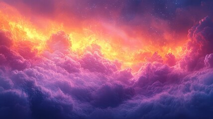 Fototapeta premium Vibrant sunset clouds illuminated in shades of orange and purple, creating a breathtaking sky scene perfect for nature-themed designs and backgrounds.