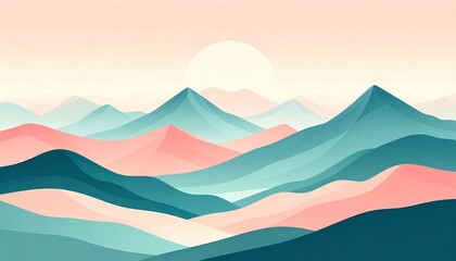Vector illustration of a misty mountain landscape at sunrise, with a blue sky and silhouetted peaks