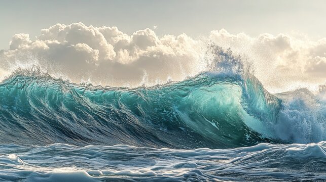 Powerful turquoise wave crashing against the sky.