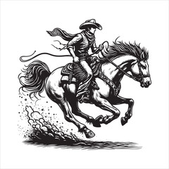 Obraz premium Western Cowboy on Horse with Bandana – Line Art Vector Illustration