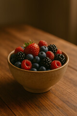 A vibrant bowl of fresh berries including strawberries, raspberries, blueberries, and blackberries, perfect for a healthy snack.