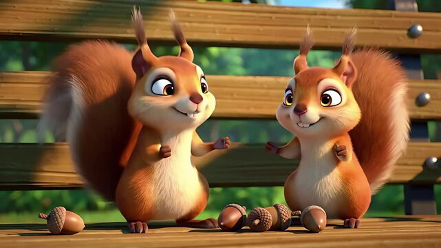 Animated Squirrels Animated Discussion: Two cartoon squirrels sit on a park bench, excitedly chattering and gesturing with their paws while discussing their acorn discoveries.