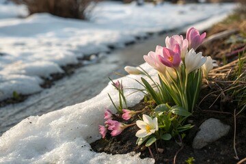 Spring crocuses emerging from melting snow