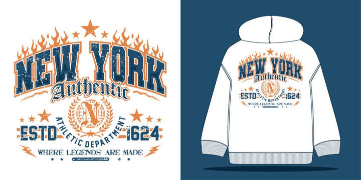 Vintage varsity college typography New York  slogan with authentic grunge texture. Perfect print design for graphic tees, t-shirts, sweatshirts, hoodies, stickers, and posters &ndash; vector illustration