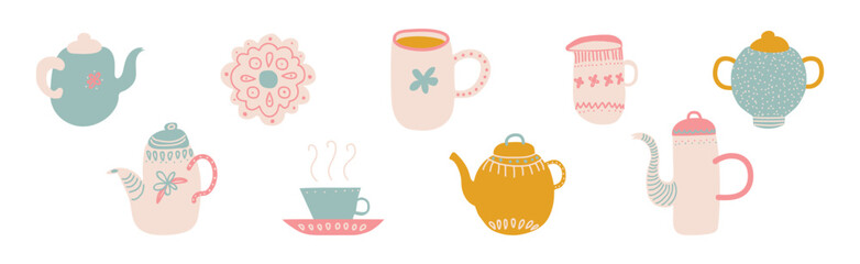 Ceramic Teapot and Cup for Tea Brewing and Drinking Vector Set