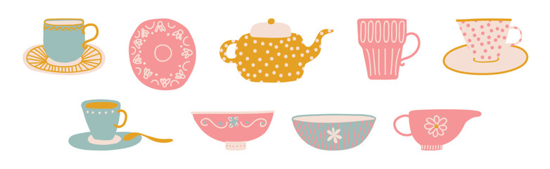 Ceramic Teapot and Cup for Tea Brewing and Drinking Vector Set