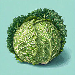Fototapeta premium Whole green cabbage placed upright on a pale aqua background.