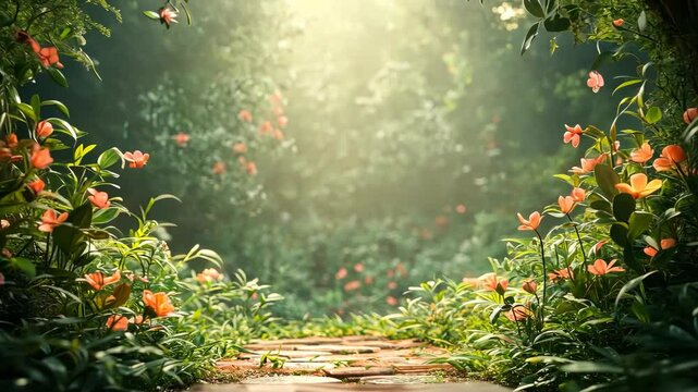 Floral path. Archway of flowers, brick path through verdant foliage, sunlight