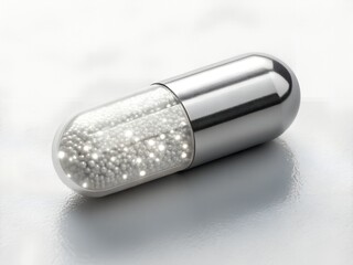 Naklejka premium Metallic capsule with a reflective surface, showcasing a sparkling interior, resting on a smooth surface, highlighting the contrast between materials and the concept of innovation in design