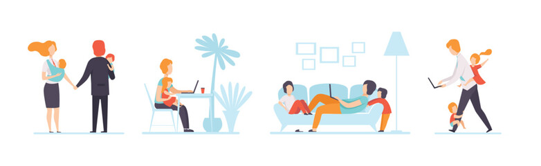 Parents Working with Their Children While Their Playing Next to Them Vector Set