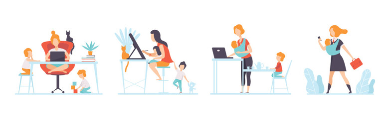 Woman Parent Working with Her Children Playing Next to Her Vector Set
