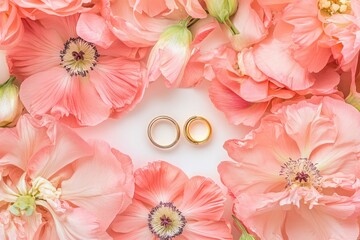 Two gold wedding bands rest on a white background, encircled by a wreath of delicate blush pink poppy blossoms