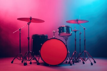 Drum set on stage with vibrant pink and blue lighting, ready for a musical performance.