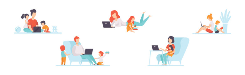 Parents Working with Their Children While Their Playing Next to Them Vector Set