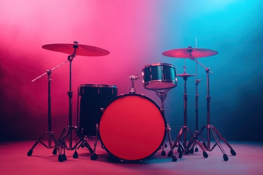 Drum set on stage with vibrant pink and blue lighting, ready for a musical performance.
