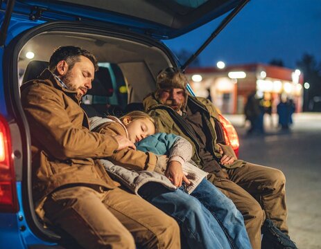 A family sleeps peacefully in their car during a road trip stop at a gas station. The dim overhead light creates a quiet, intimate moment of rest and travel on a long journey.

