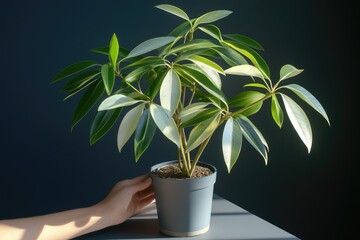 A hand gently rests on a potted variegated plant with broad, ovate leaves, exhibiting creamy white margins against deep green centers, sitting on a dark gray surface in sunlit space