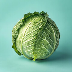 Whole green cabbage placed upright on a pale aqua background.