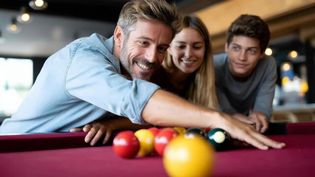 Group of friends playing billiard and pool, enjoying fun indoor recreation and leisure game together, smiling and aiming at colorful cue balls on table, sharing happy moments and friendship