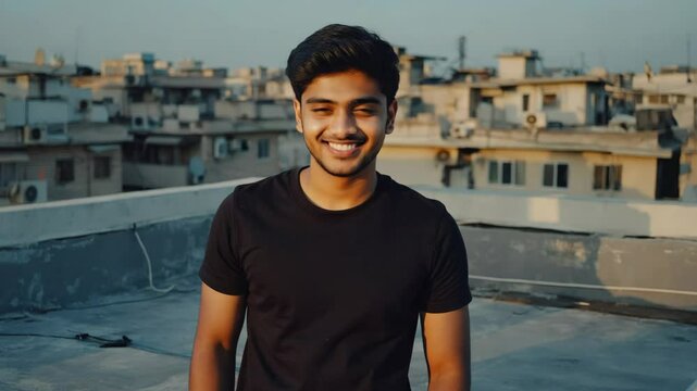 Young man wearing a black t shirt smiles with closed eyes while standing on a rooftop at sunset, surrounded by urban buildings and bathed in the warm glow of dusk