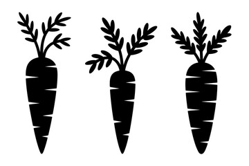 Three carrots with leaves in black and white style
