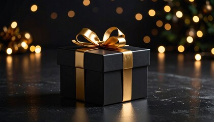 Elegant Black and Gold Gift Box Displayed in a Classy Dark Environment