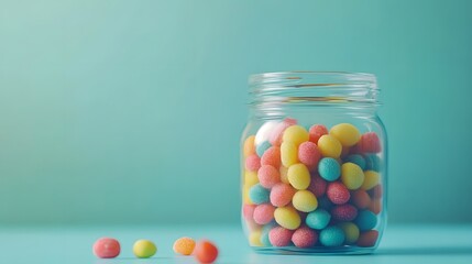 Colorful candies in jar on table on blue background