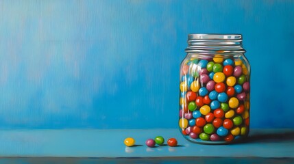 Colorful candies in jar on table on blue background