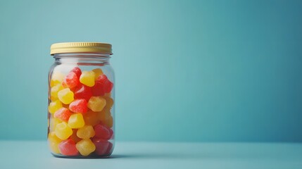 Colorful candies in jar on table on blue background