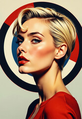 Portrait of Woman with Blonde Hair and Red Top Against Concentric Circles