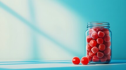 Colorful candies in jar on table on blue background