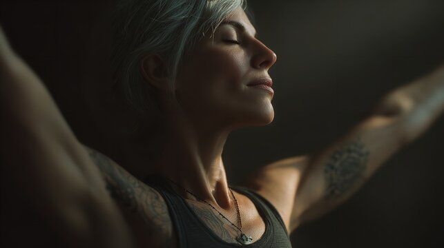 Serene Woman Yoga Pose Peaceful Mindful Meditation Spiritual Practice zen calm body soul arms grey