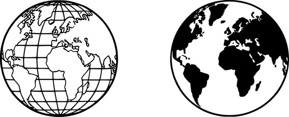 Simple black and white world map globes for educational or design use.