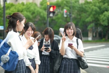 In early June, in Pudong, Shanghai, seven Japanese high school girls dressed in summer uniforms are standing at a crosswalk on a city street, laughing and chatting together on their way to school.