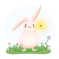 Cute pink rabbit with long ears and glowing crystal in paw. Surrounded by flowers. Great for kids design, books and fantasy themes