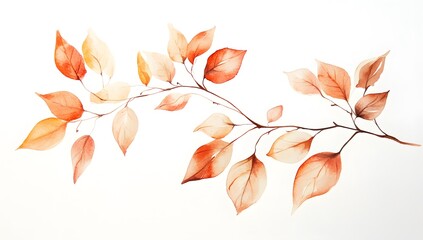 A delicate watercolor painting of autumn leaves on a branch, simple and elegant with soft colors against a white background.