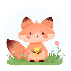 Vector illustration of a smiling cartoon fox with a glowing magic crystal, sitting in grass with colorful flowers. Great for kids design, fairytale themes, stationery and decor